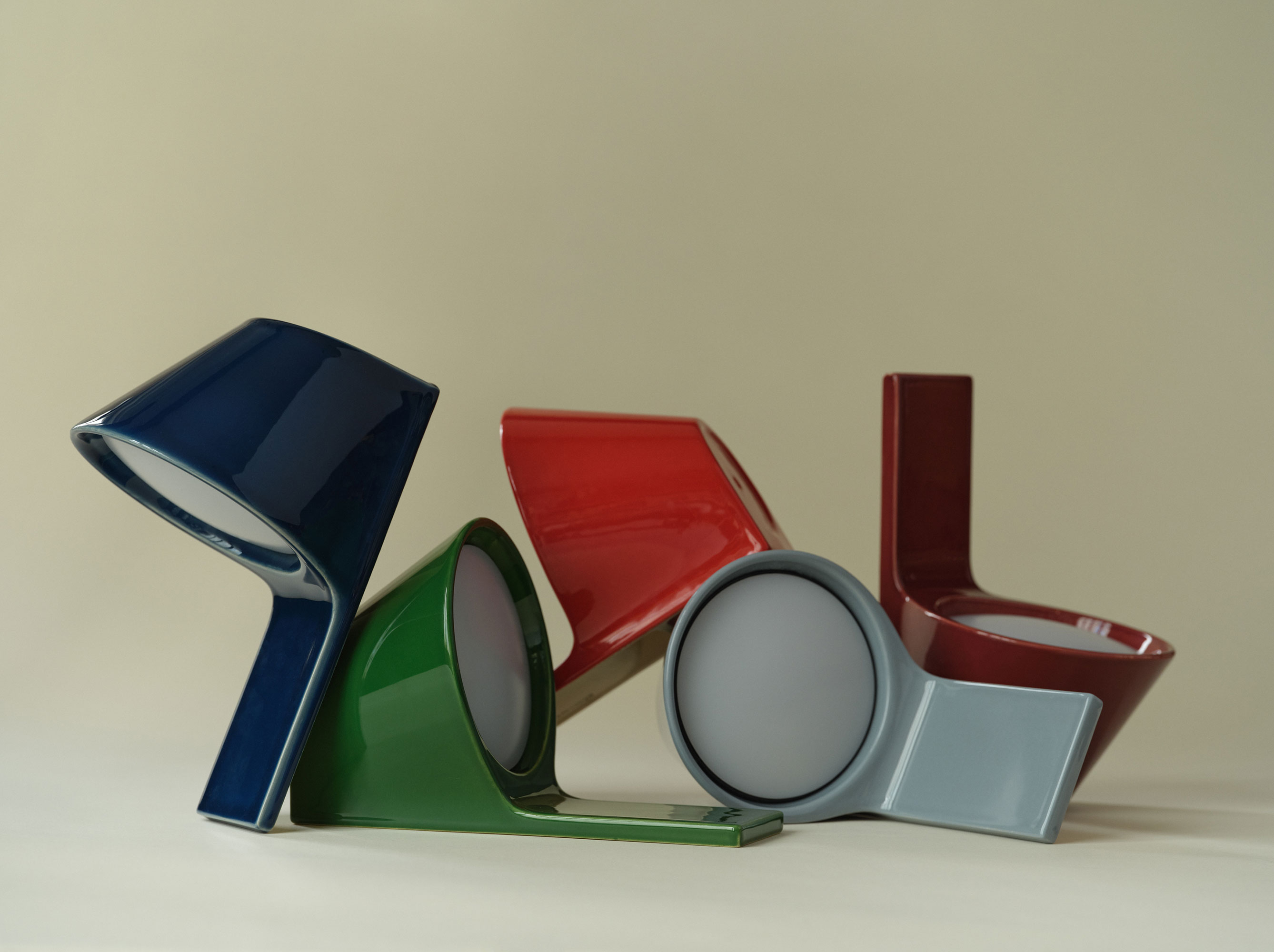 A dynamic composition of ceramic lamps of various colors in different positions