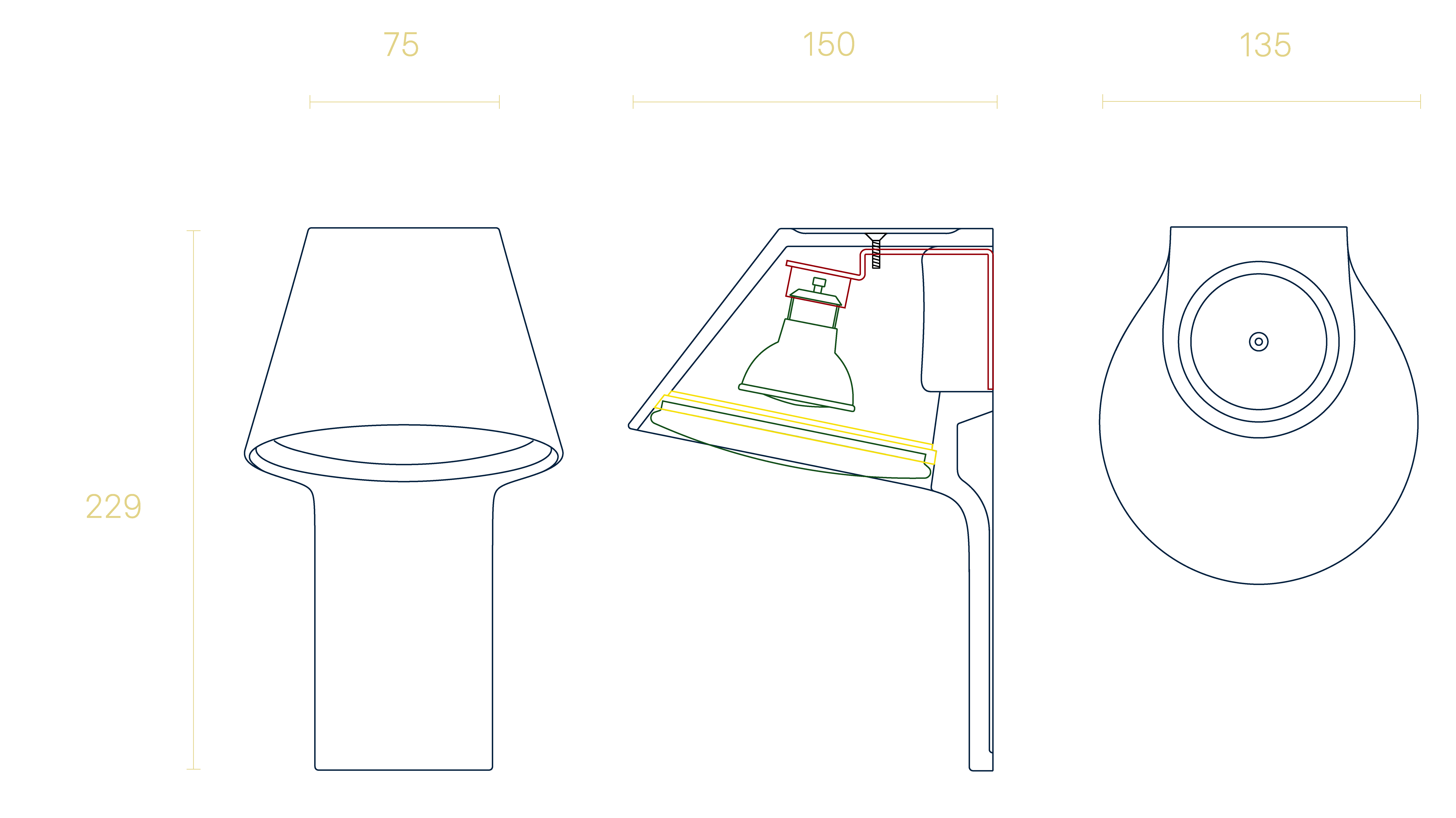 Section view of the ceramic wall lamp and its components.
